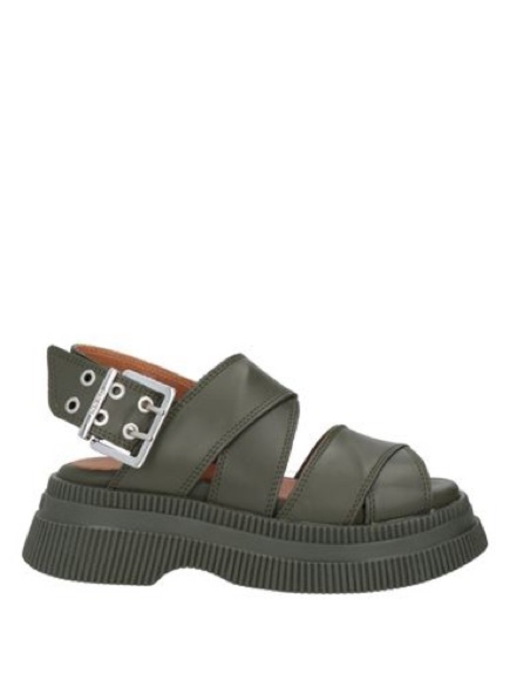 Ganni Olive Leather Platform Crossover Strap Sandals